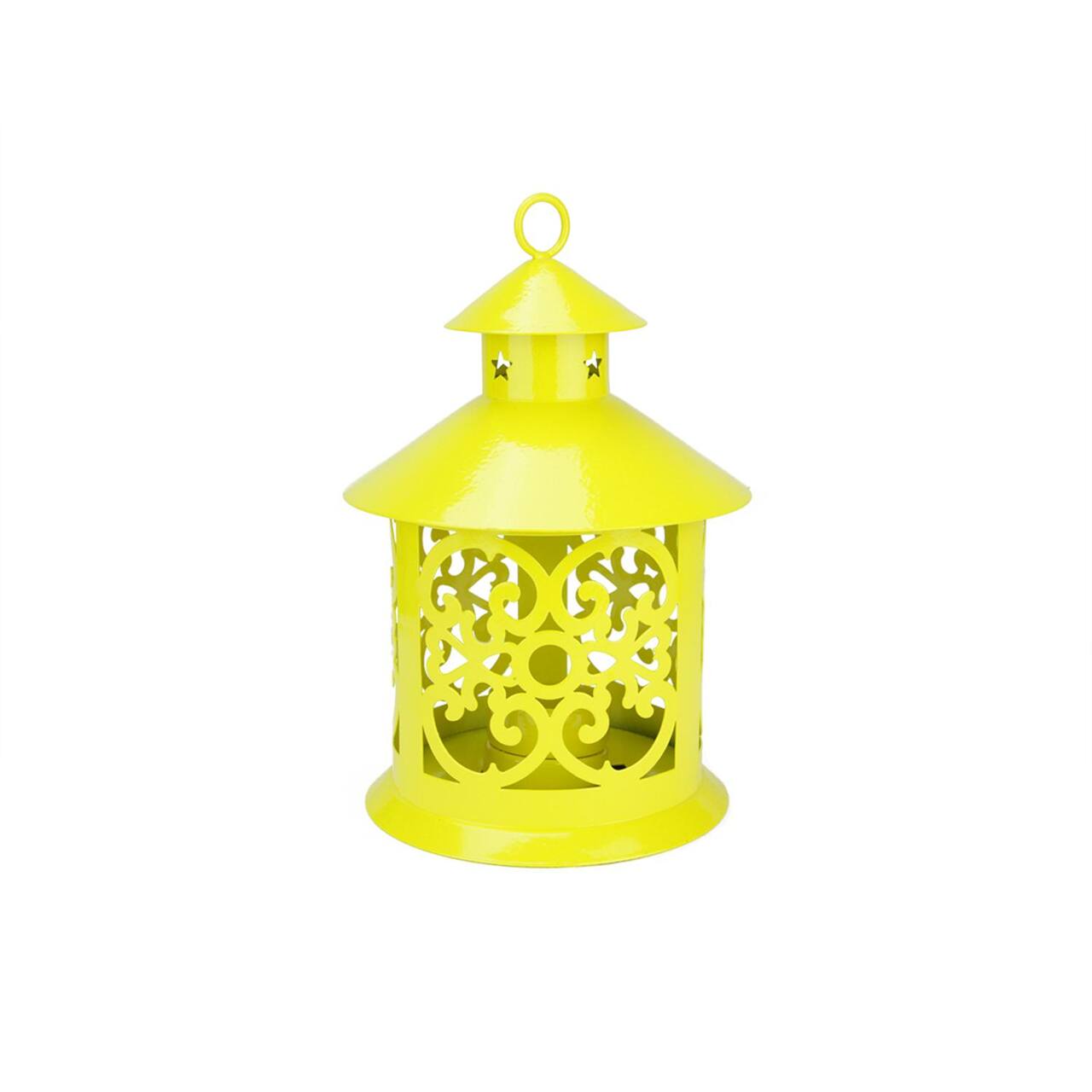 8" Shiny Candle Holder Lantern with Star & Scroll Cutouts